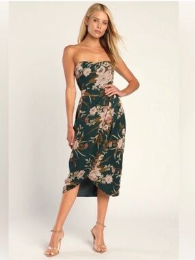 Effortless Charm Hunter Green Floral Strapless Tulip Midi Dress Like New Runs Sm